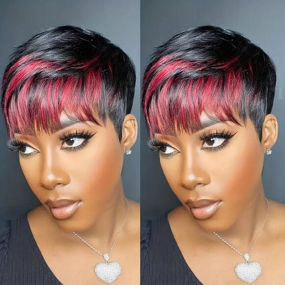 Short Pixie Cut Wig for Black Women Human Hair Black with 99J Burgundy Layered H